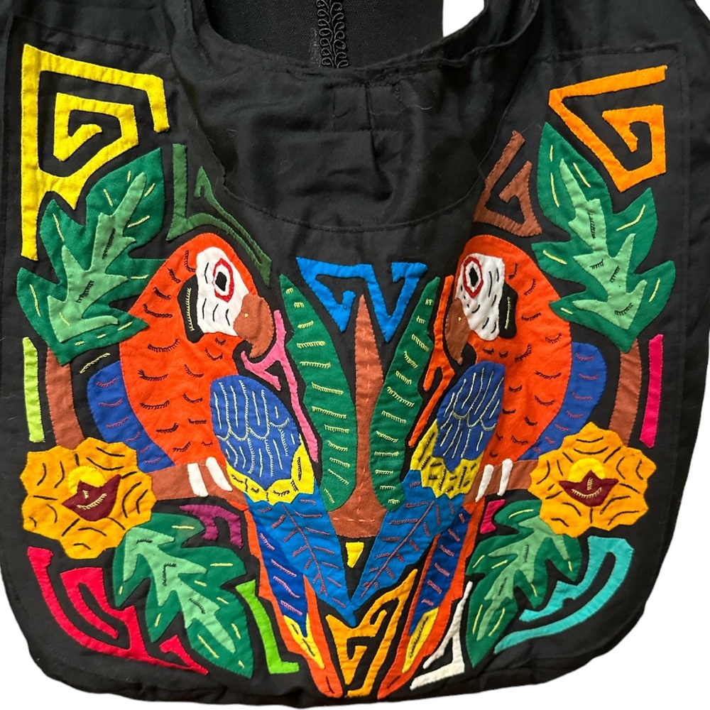 Vintage Embroidered Tropical Birds and Flowers Shoulder Bag
